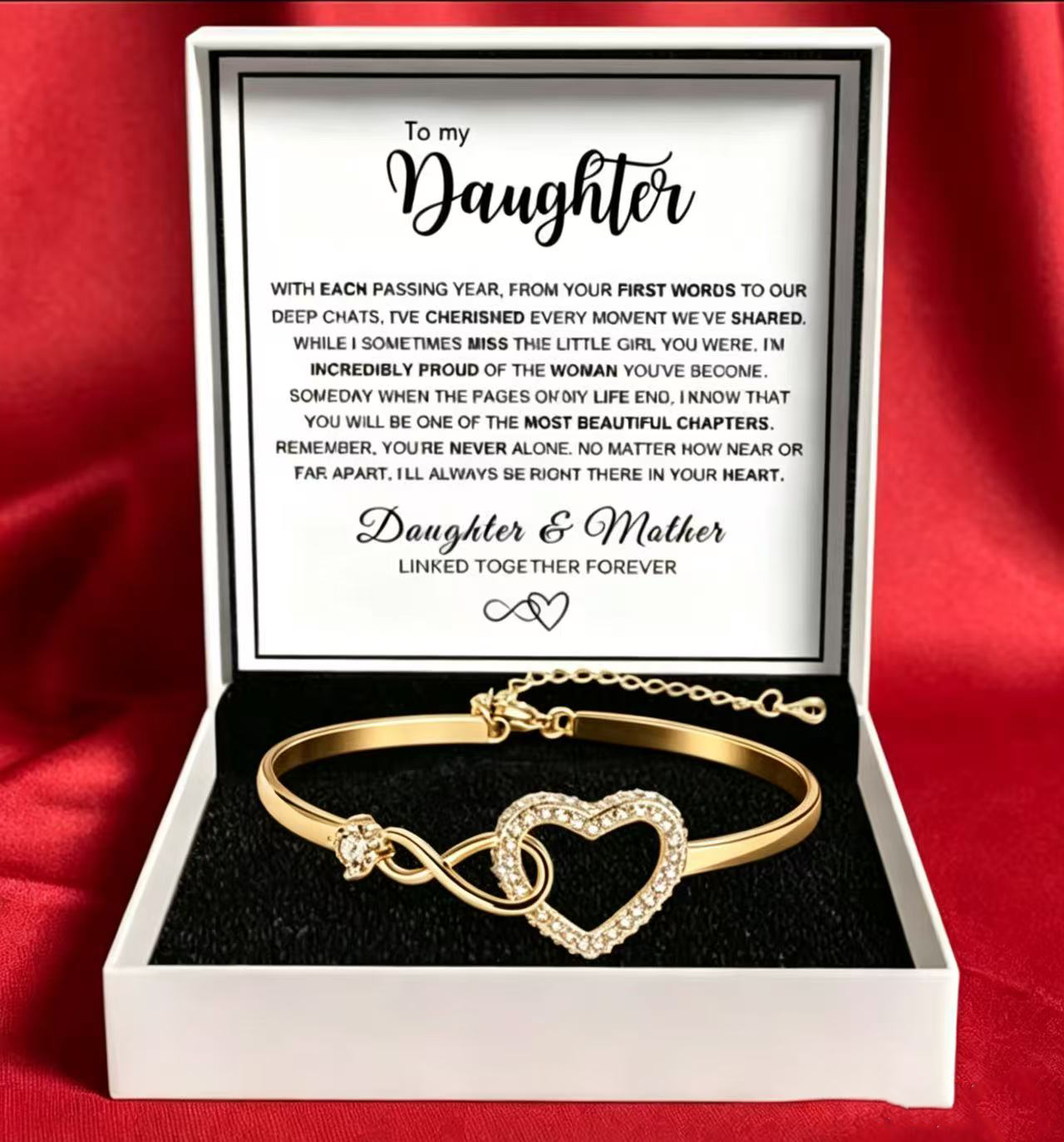 To My Daughter - Infinity Heart Bracelet - Forever Linked Together Message Card Gift