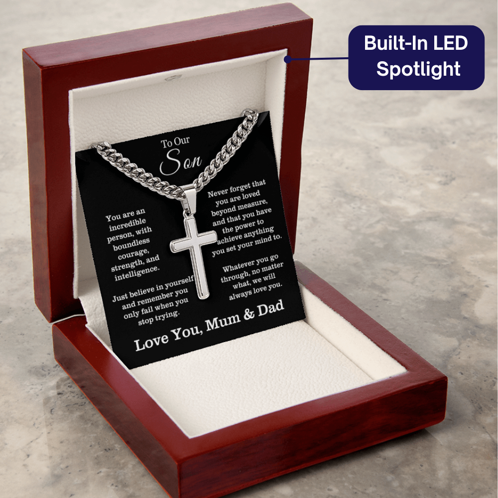 To Our Son - Cuban Link Cross Necklace - Always Love You Message Card Gift