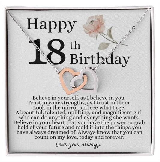 Happy 18th Birthday - Linked Hearts Necklace - I Believe in You Message Card Gift