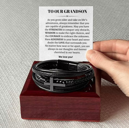 To Our Grandson - Cross Bracelet - Cherished In Our Hearts Message Card Gift