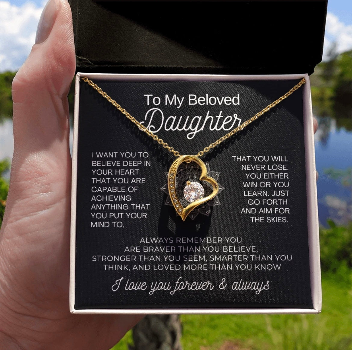 To My Daughter Necklace from Dad - Love Heart Necklace - Aim for the Skies Message Card Gift