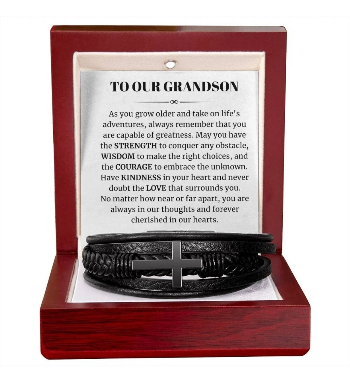 To Our Grandson - Cross Bracelet - Cherished In Our Hearts Message Card Gift