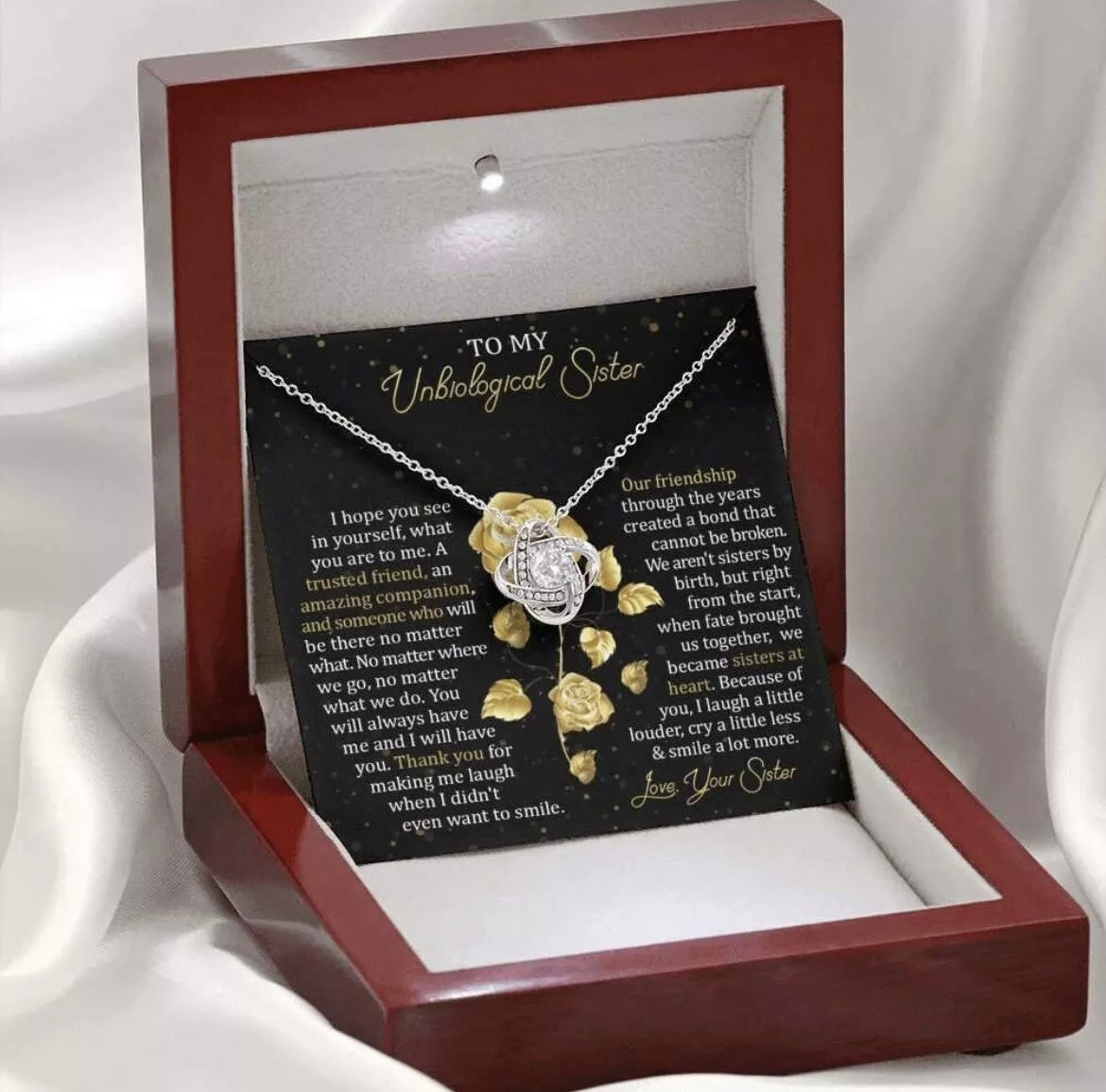 To My Unbiological Sister - Love Knot Necklace - Sisters at Heart Message Card Gift