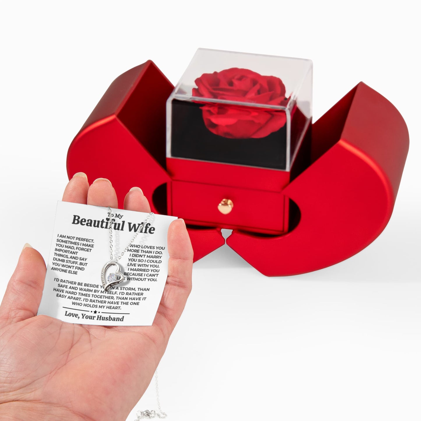 To My Wife - Love Heart Necklace - Eternal Rose Gift Box from Husband