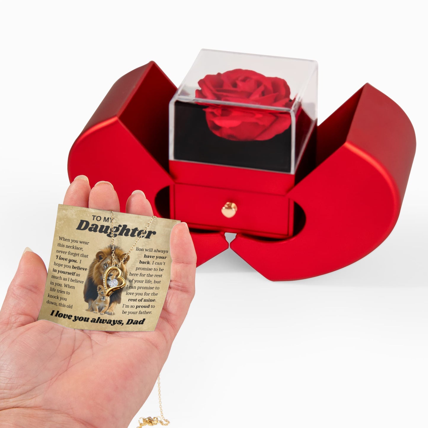 To My Daughter Necklace from Dad - Love Heart Necklace - Eternal Rose Gift Box