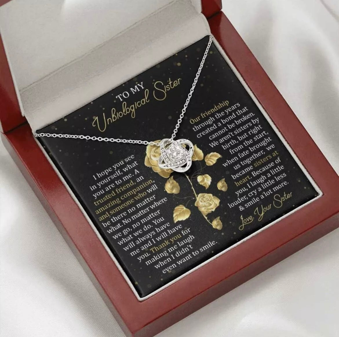 To My Unbiological Sister - Love Knot Necklace - Sisters at Heart Message Card Gift