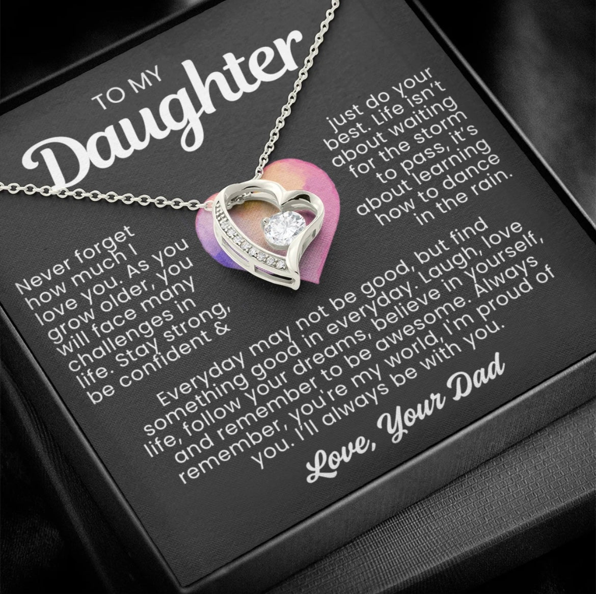 To My Daughter Necklace from Dad - Love Heart Necklace - You Are My World Message Card Gift