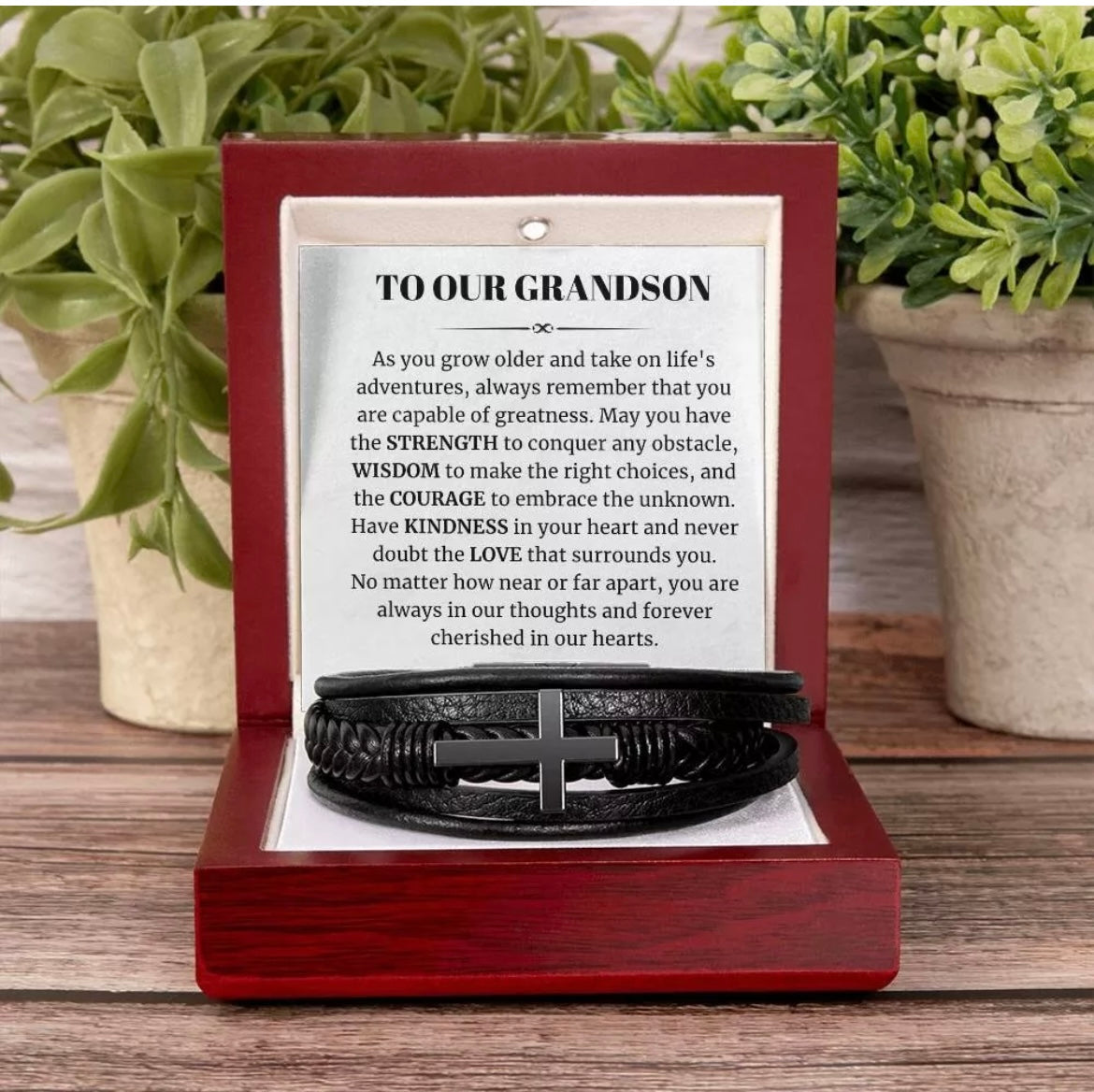 To Our Grandson - Cross Bracelet - Cherished In Our Hearts Message Card Gift