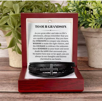 To Our Grandson - Cross Bracelet - Cherished In Our Hearts Message Card Gift