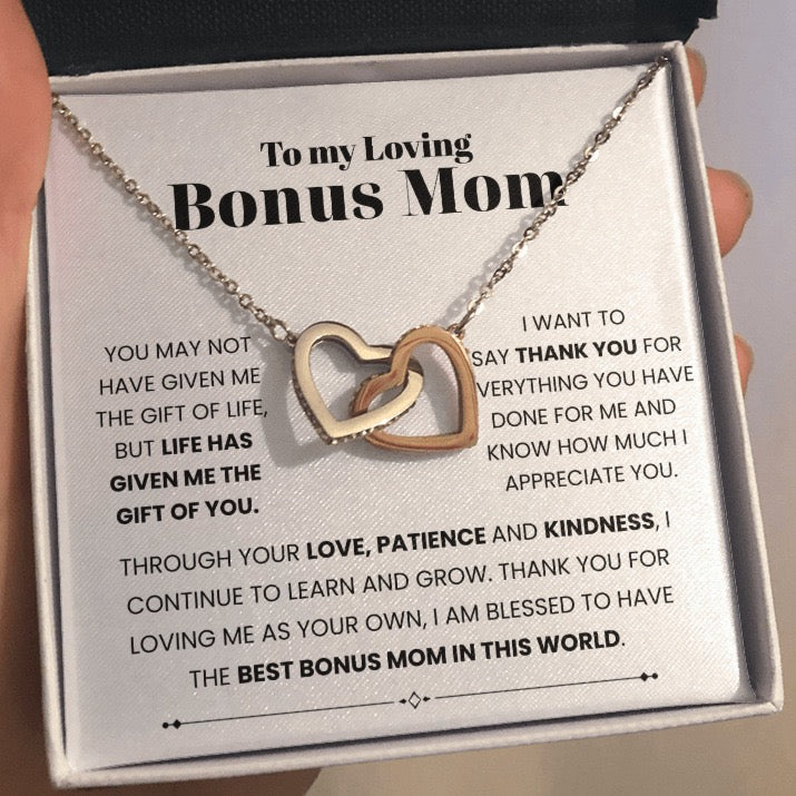 To My Bonus Mom - Linked Hearts Necklace - Always Your Little One Message Card Gift