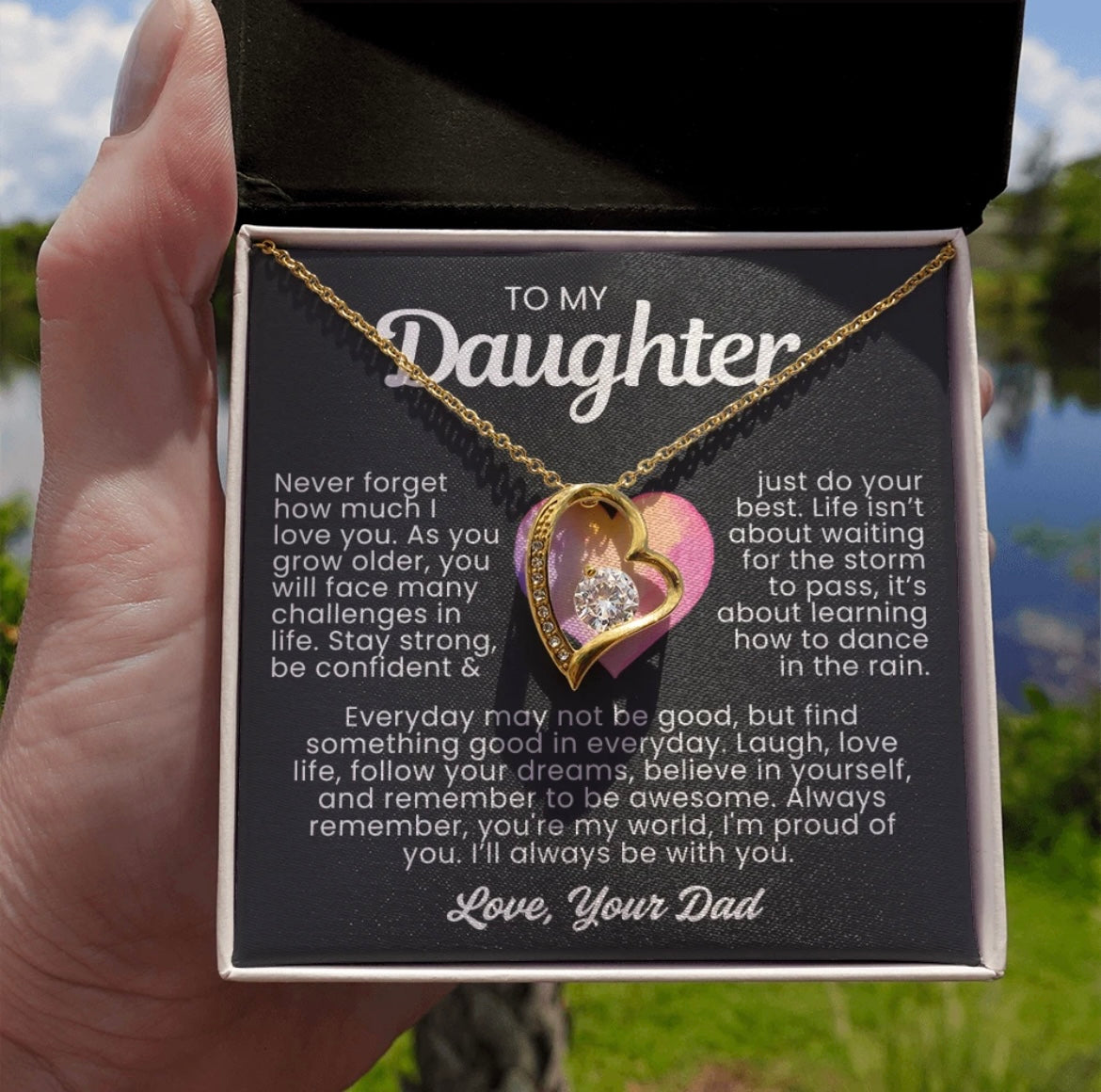 To My Daughter Necklace from Dad - Love Heart Necklace - You Are My World Message Card Gift
