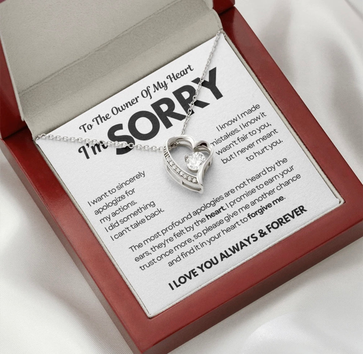 To the Owner of My Heart - Love Heart Necklace - I Am Sorry Message Card Gift