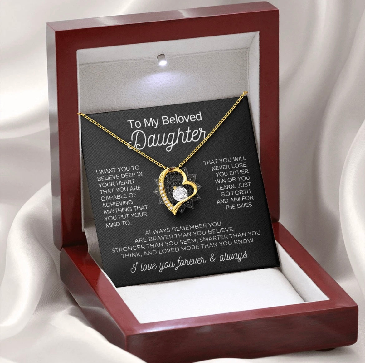 To My Daughter Necklace from Dad - Love Heart Necklace - Aim for the Skies Message Card Gift
