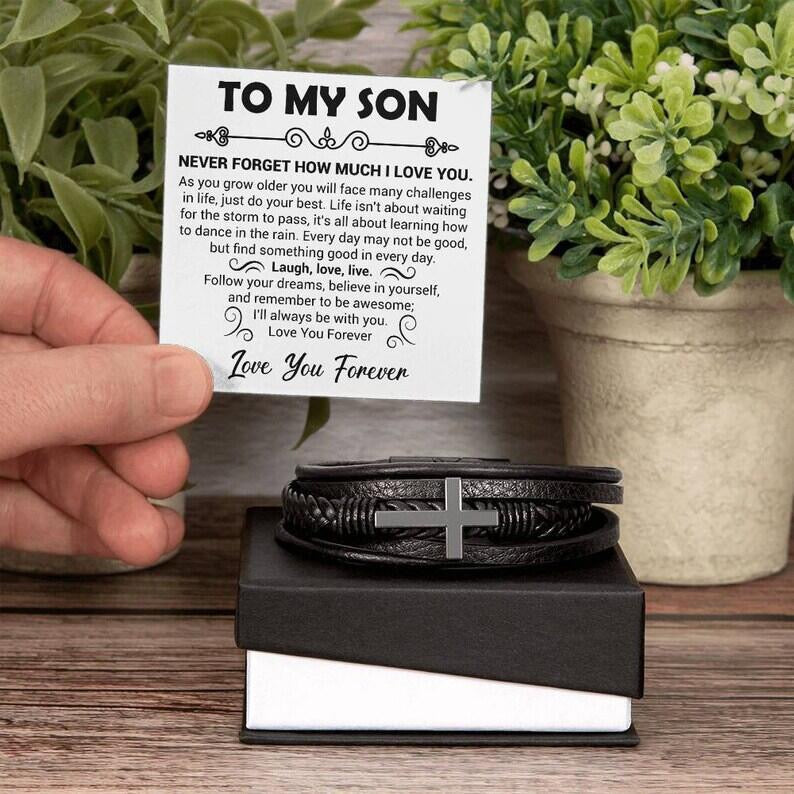 To My Son - Cross Bracelet - Love You Forever Message Card Gift