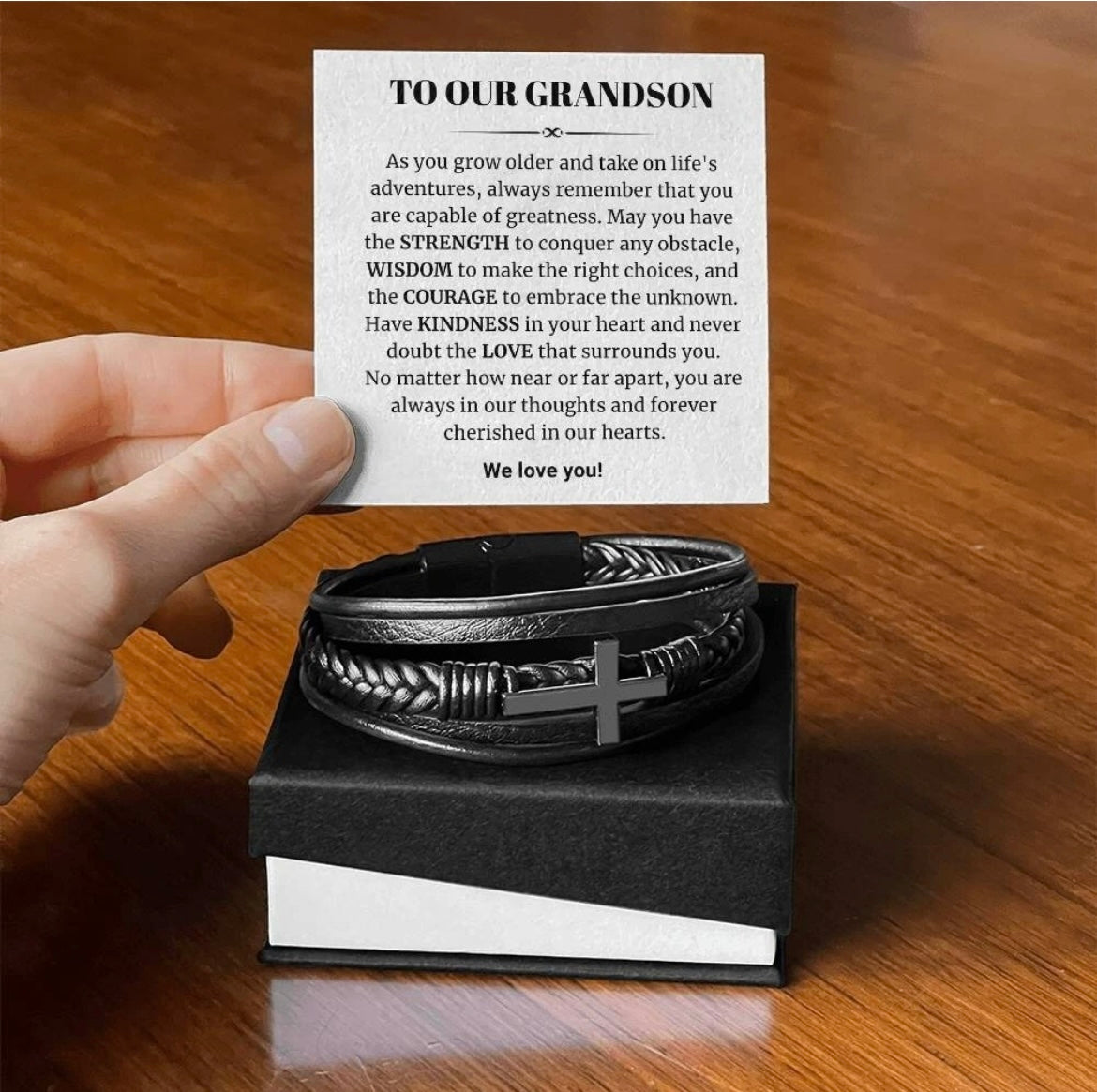 To Our Grandson - Cross Bracelet - Cherished In Our Hearts Message Card Gift