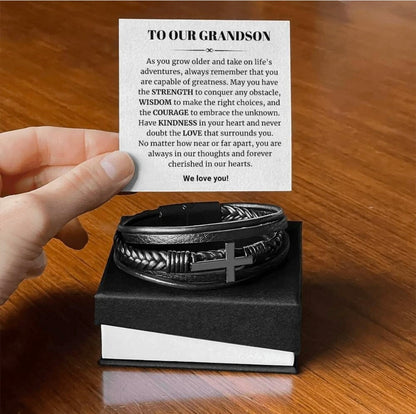 To Our Grandson - Cross Bracelet - Cherished In Our Hearts Message Card Gift