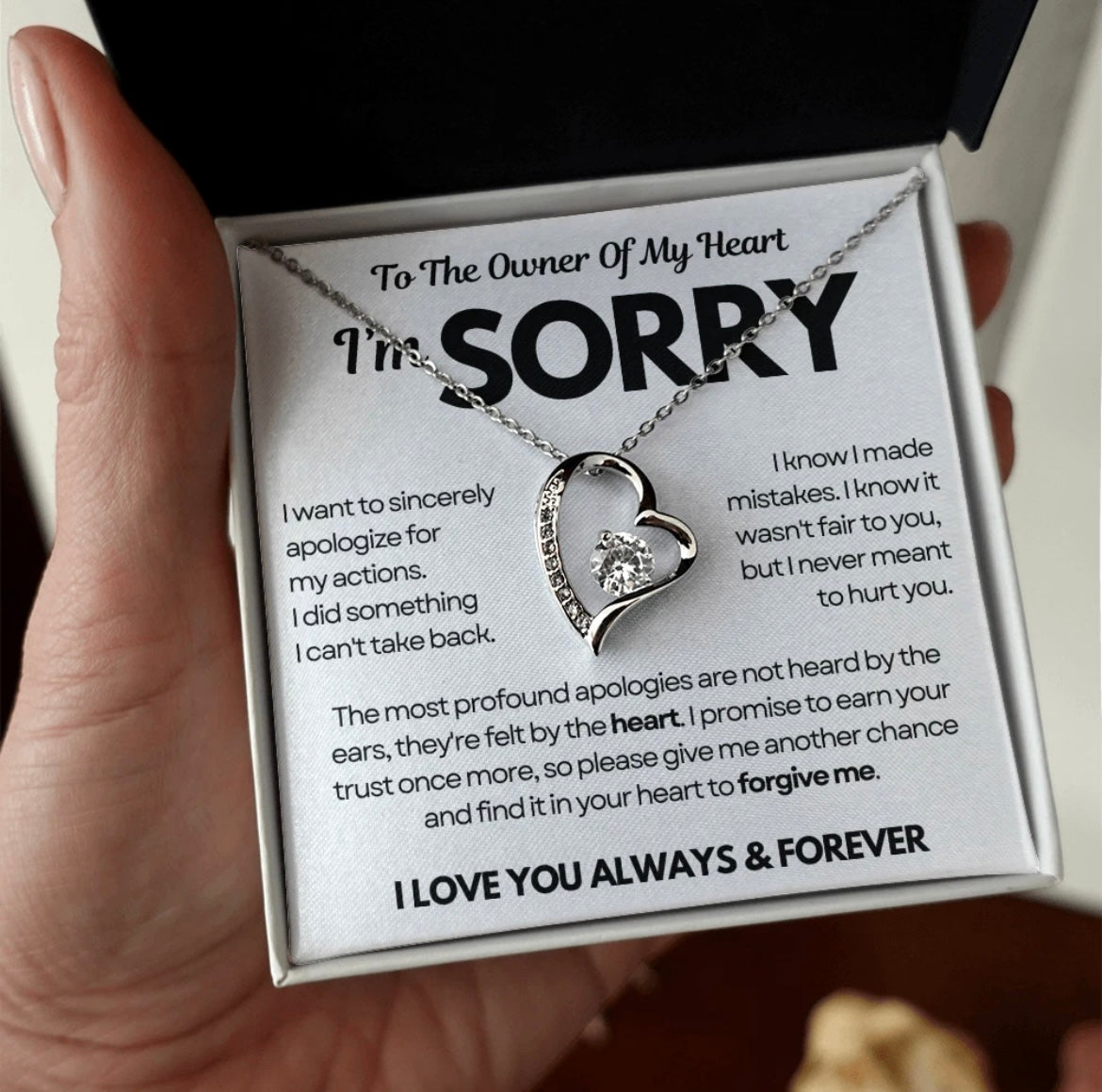 To the Owner of My Heart - Love Heart Necklace - I Am Sorry Message Card Gift