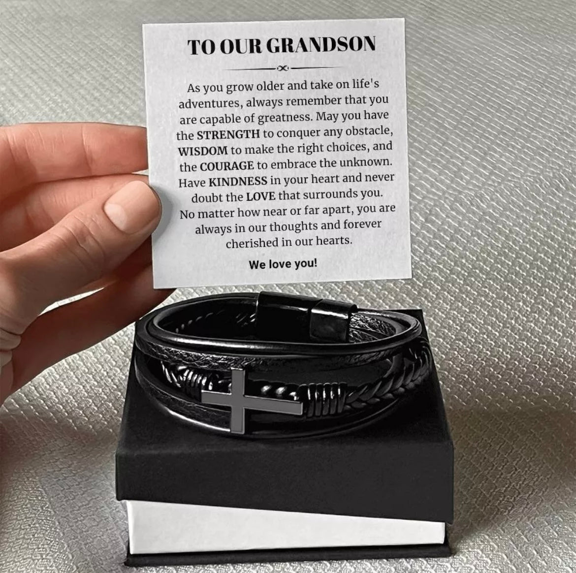 To Our Grandson - Cross Bracelet - Cherished In Our Hearts Message Card Gift
