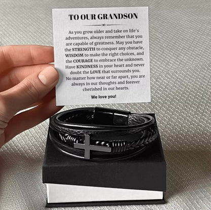 To Our Grandson - Cross Bracelet - Cherished In Our Hearts Message Card Gift