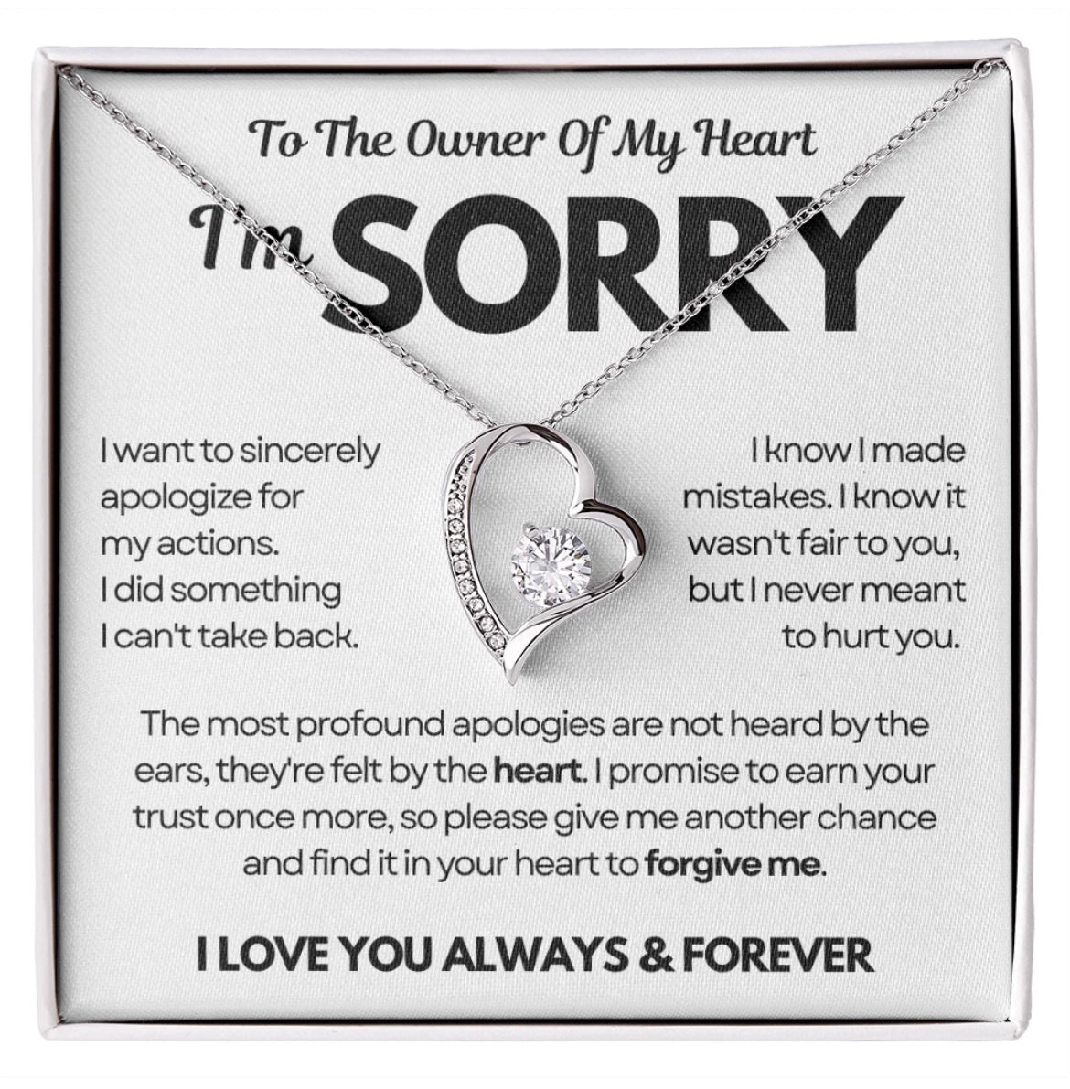 To the Owner of My Heart - Love Heart Necklace - I Am Sorry Message Card Gift
