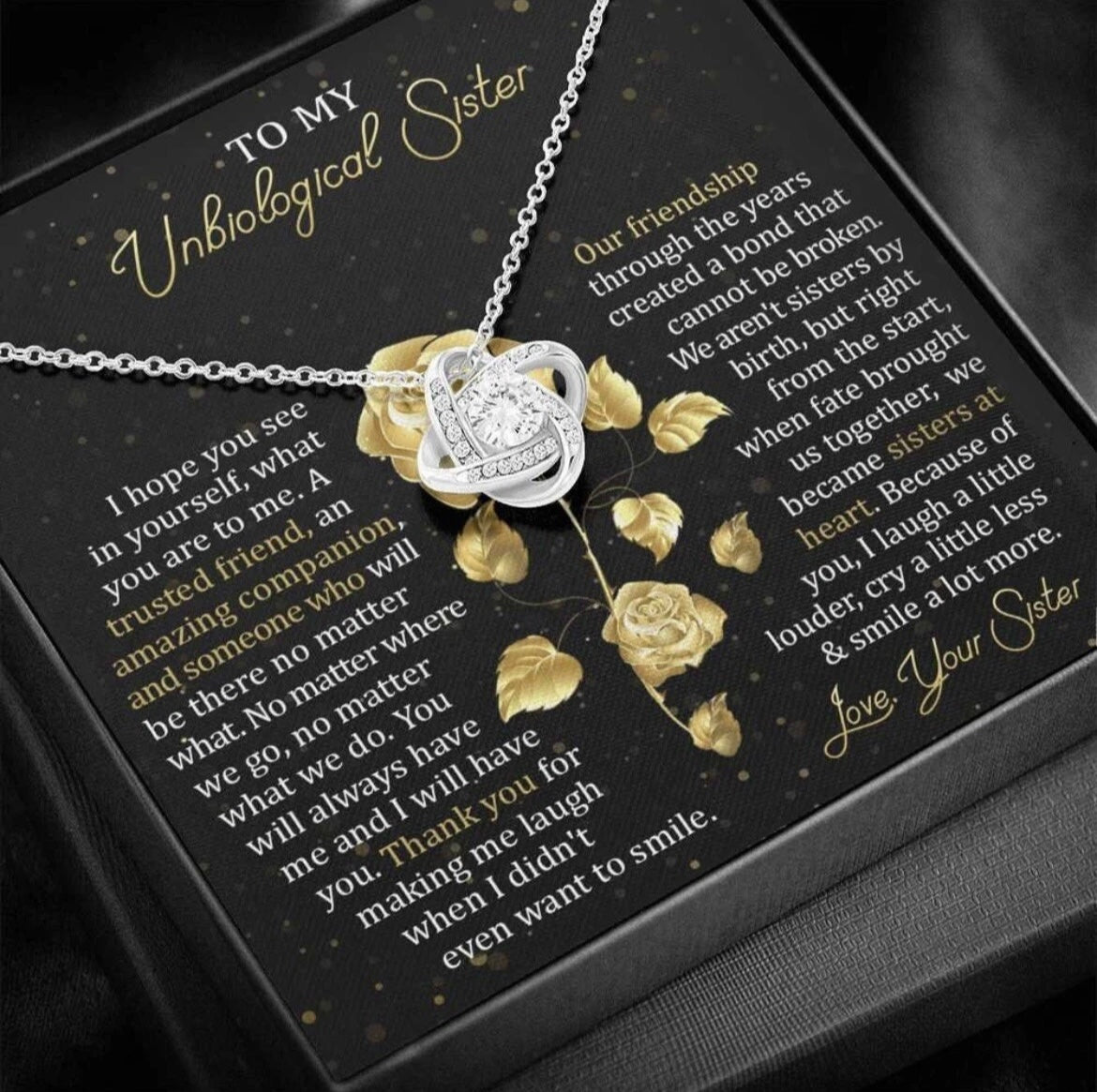 To My Unbiological Sister - Love Knot Necklace - Sisters at Heart Message Card Gift