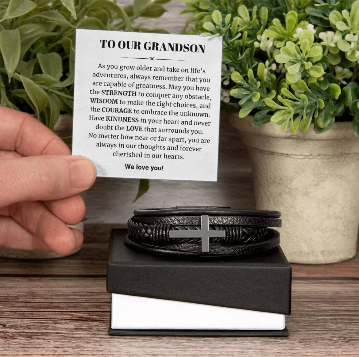 To Our Grandson - Cross Bracelet - Cherished In Our Hearts Message Card Gift