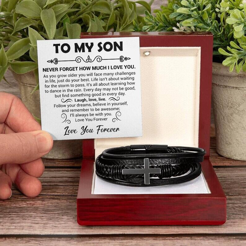 To My Son - Cross Bracelet - Love You Forever Message Card Gift