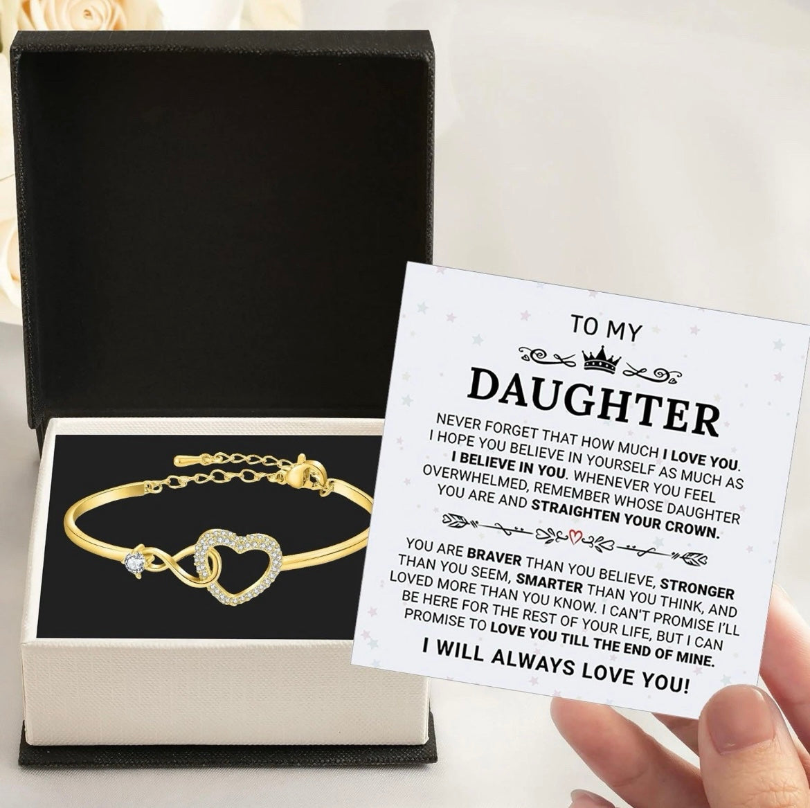To My Daughter - Infinity Heart Bracelet - I Will Always Love You Message Card Gift