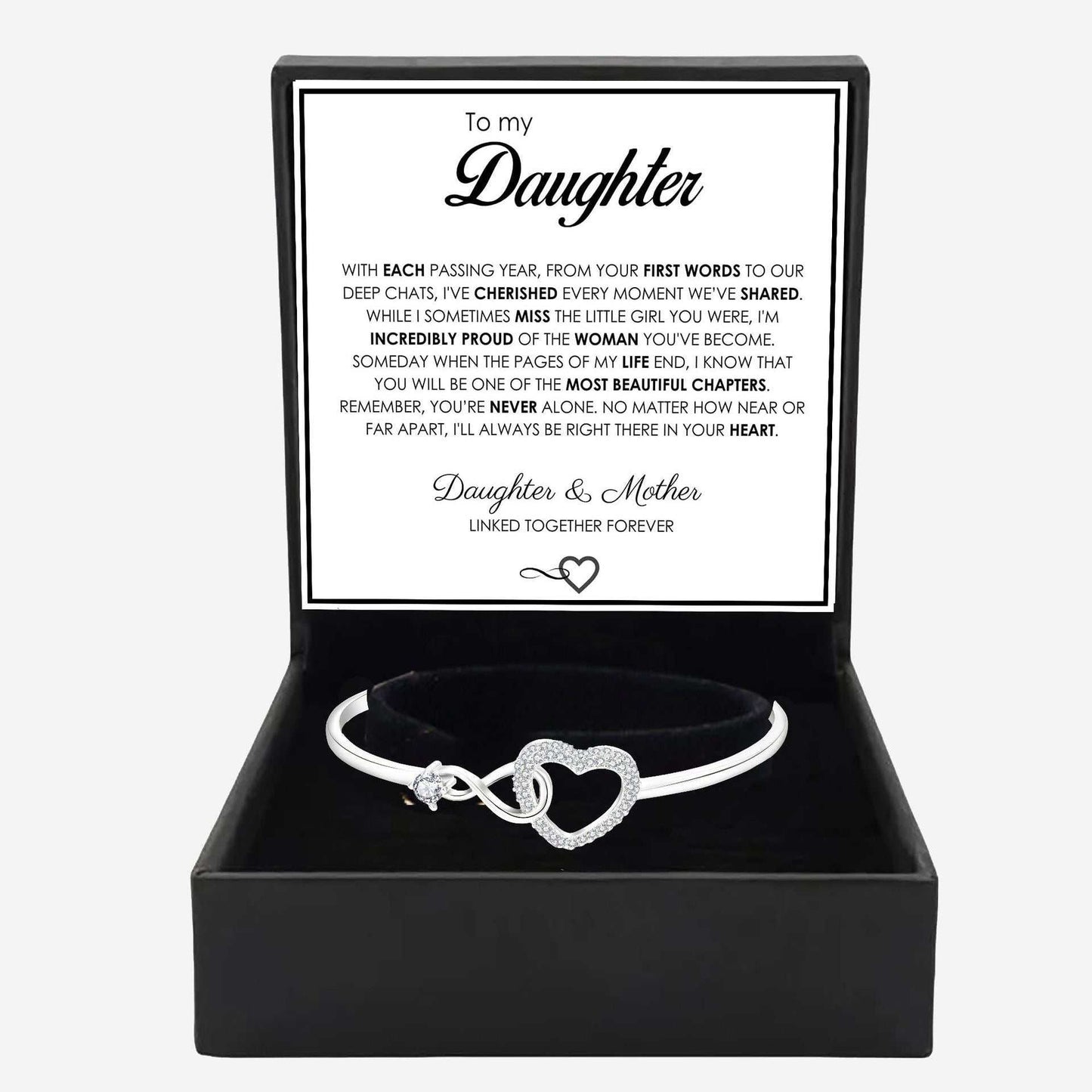 Infinity Heart Bracelet gift for daughter from mom with elegant packaging and heartfelt message card