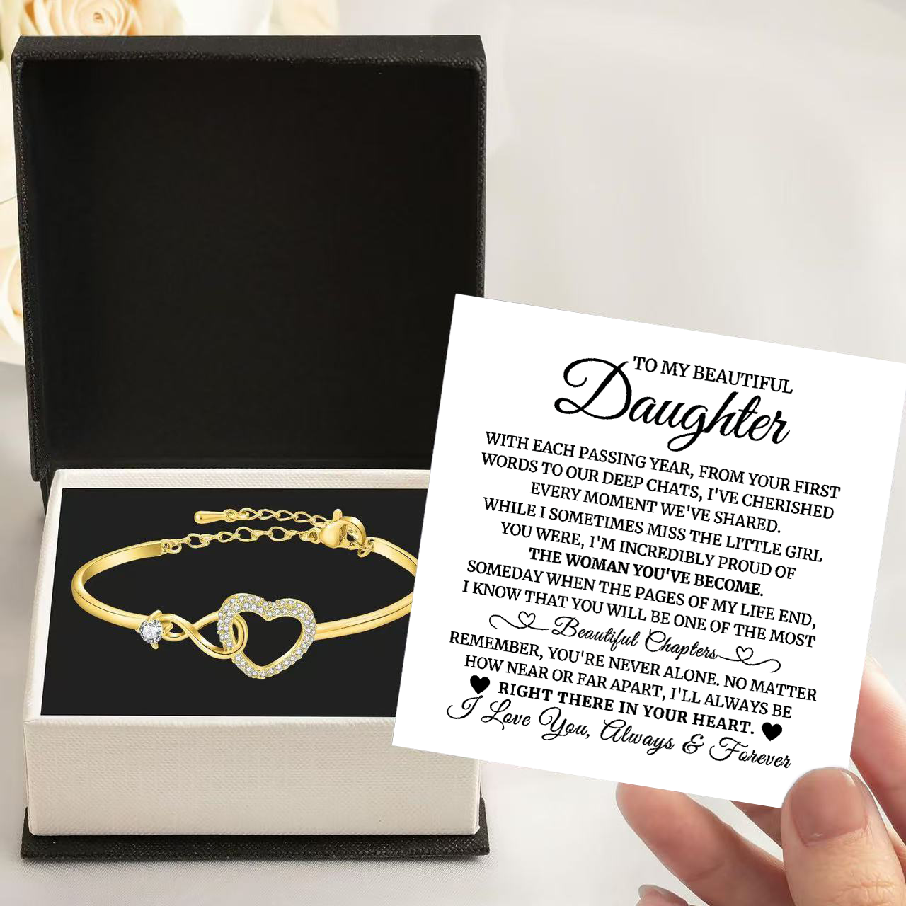 To My Daughter from Dad - Infinity Heart Bracelet - Right There In Your Heart Message Card Gift