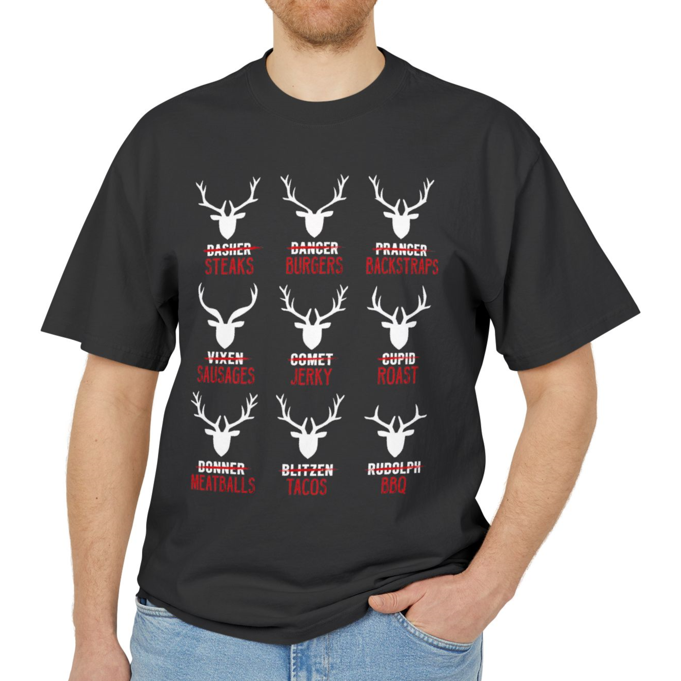 Reindeer Steaks, Jerky & Burgers Hunting Tee - Funny Hunter Christmas T-Shirt