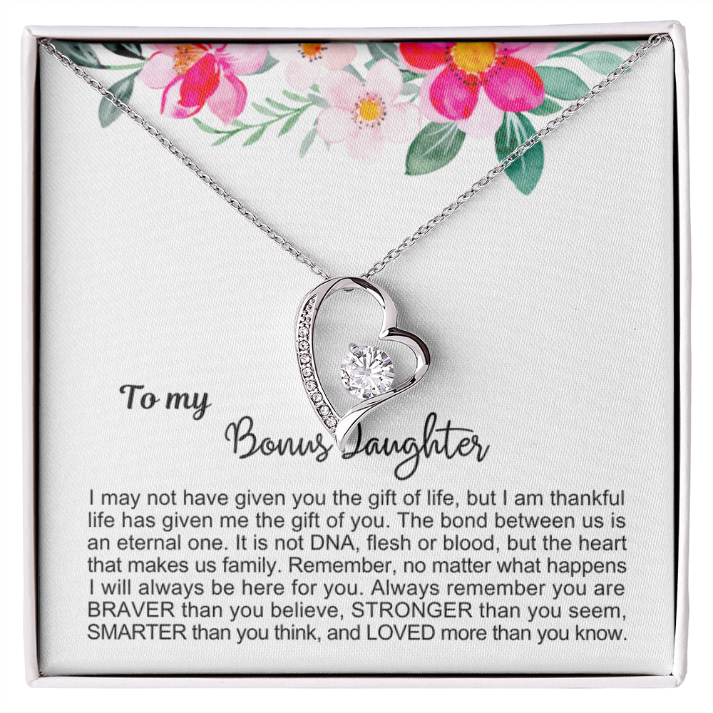 To My Bonus Daughter - Love Heart Necklace - Always Here For You Message Card Gift