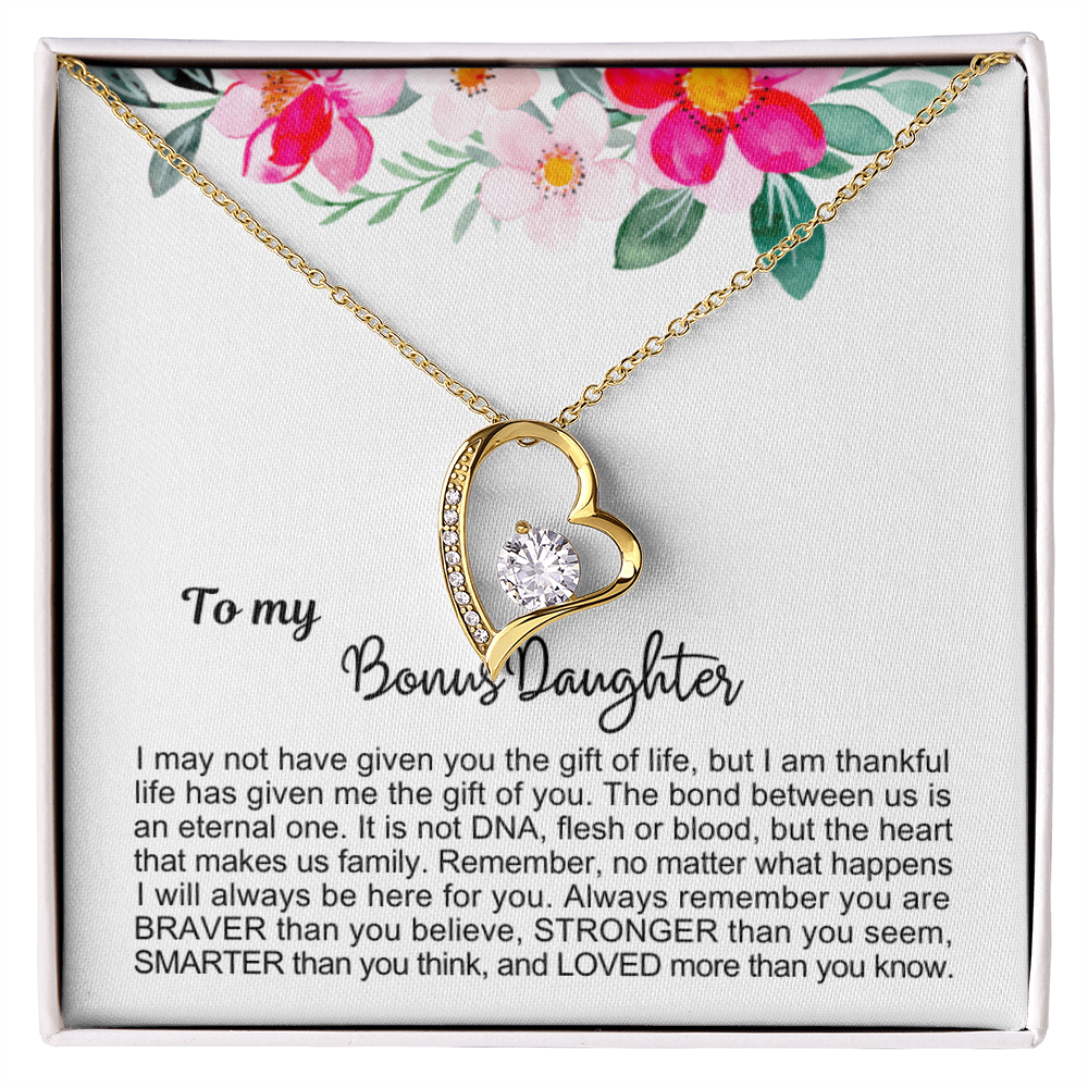 To My Bonus Daughter - Love Heart Necklace - Always Here For You Message Card Gift