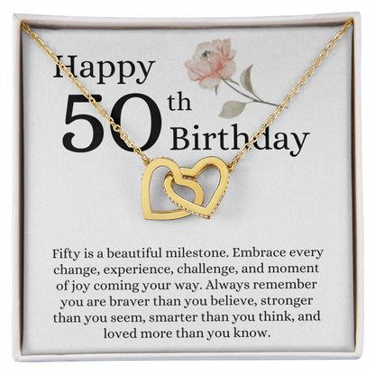 Happy 50th Birthday - Linked Hearts Necklace - Loved More Than You Know Message Card Gift