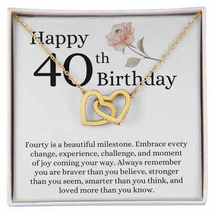 Happy 40th Birthday - Linked Hearts Necklace - Loved More Than You Know Message Card Gift