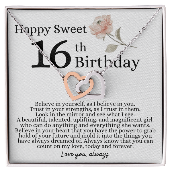 Happy 16th Birthday - Linked Hearts Necklace - I Believe in You Message Card Gift