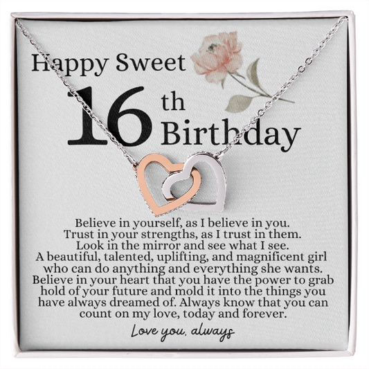 Happy 16th Birthday - Linked Hearts Necklace - I Believe in You Message Card Gift