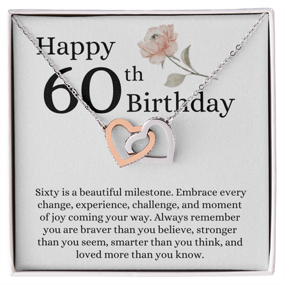 Happy 60th Birthday - Linked Hearts Necklace - Loved More Than You Know Message Card Gift
