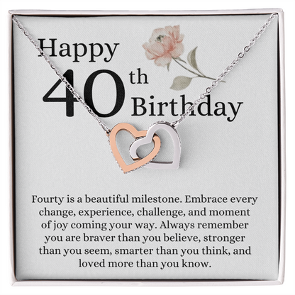 Happy 40th Birthday - Linked Hearts Necklace - Loved More Than You Know Message Card Gift