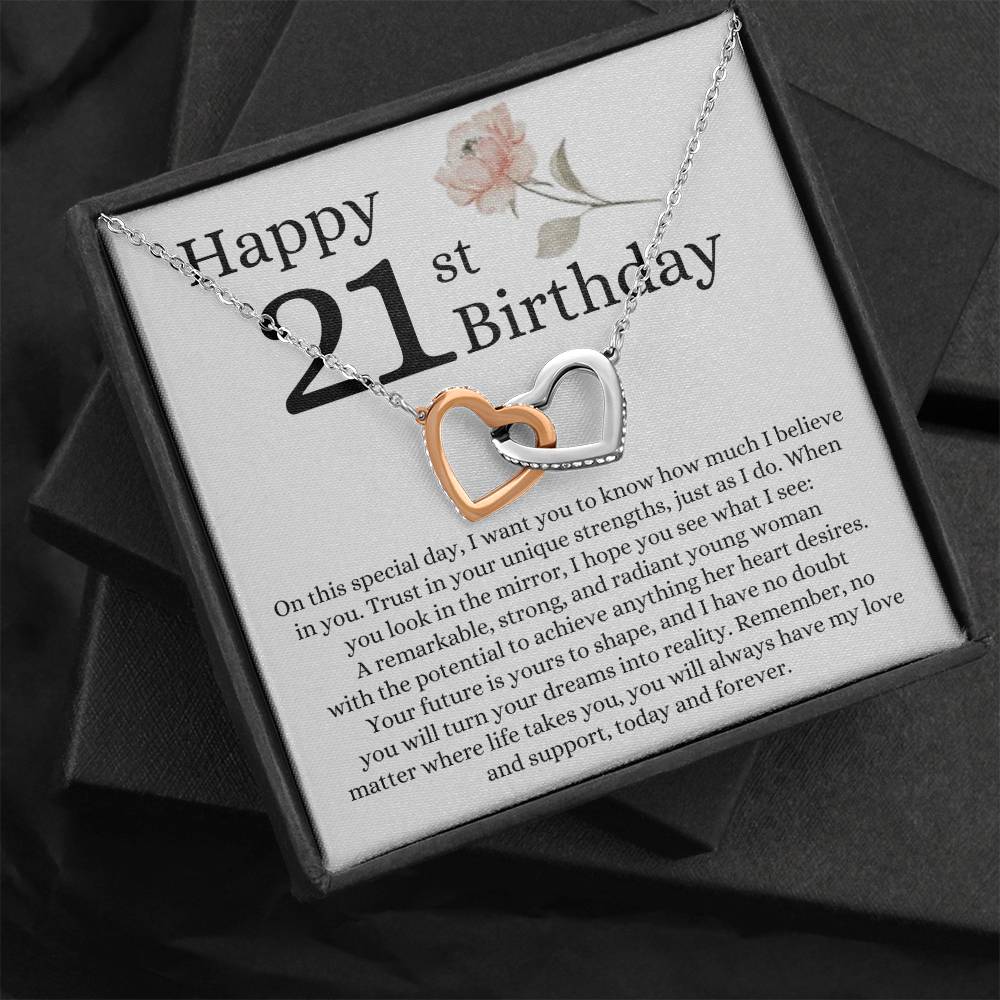 Happy 21st Birthday - Linked Hearts Necklace - I Believe in You Message Card Gift