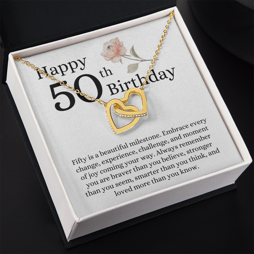 Happy 50th Birthday - Linked Hearts Necklace - Loved More Than You Know Message Card Gift