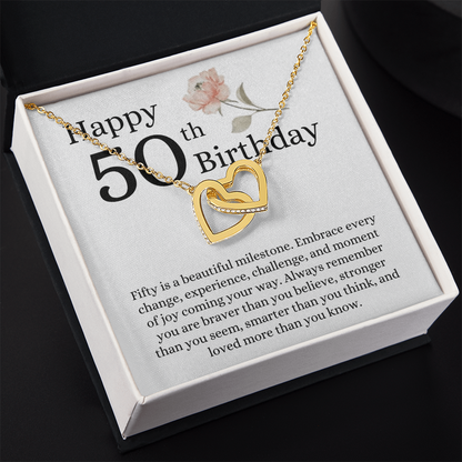 Happy 50th Birthday - Linked Hearts Necklace - Loved More Than You Know Message Card Gift