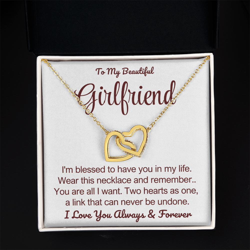 To My Girlfriend - Linked Hearts Necklace - You Are All I Want Message Card Gift