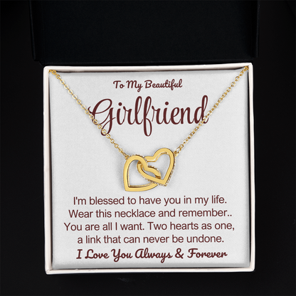 To My Girlfriend - Linked Hearts Necklace - You Are All I Want Message Card Gift