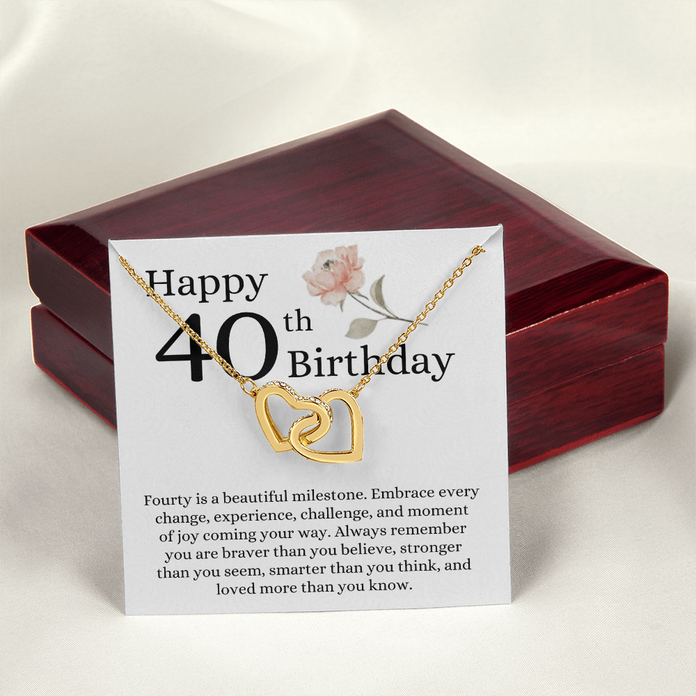 Happy 40th Birthday - Linked Hearts Necklace - Loved More Than You Know Message Card Gift