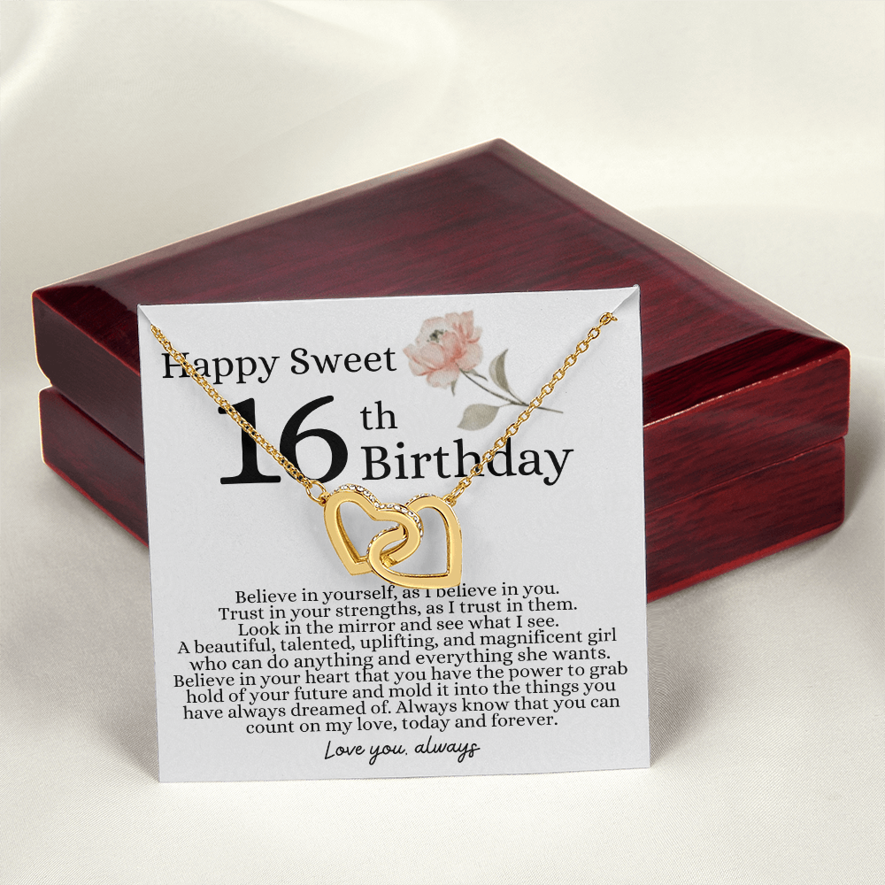 Happy 16th Birthday - Linked Hearts Necklace - I Believe in You Message Card Gift