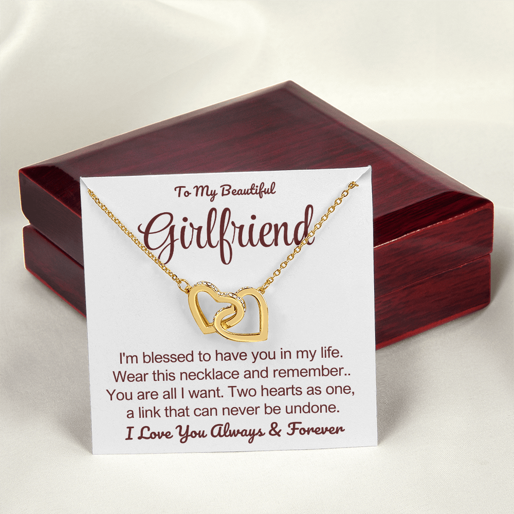 To My Girlfriend - Linked Hearts Necklace - You Are All I Want Message Card Gift
