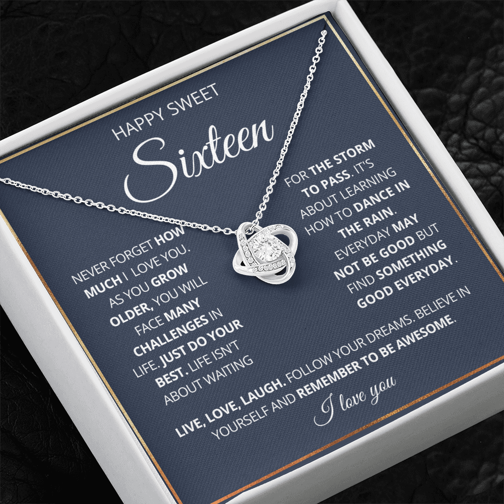 Happy Sweet 16 - Love Knot Necklace - Remember to Be Awesome Message Card Gift