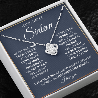 Happy Sweet 16 - Love Knot Necklace - Remember to Be Awesome Message Card Gift