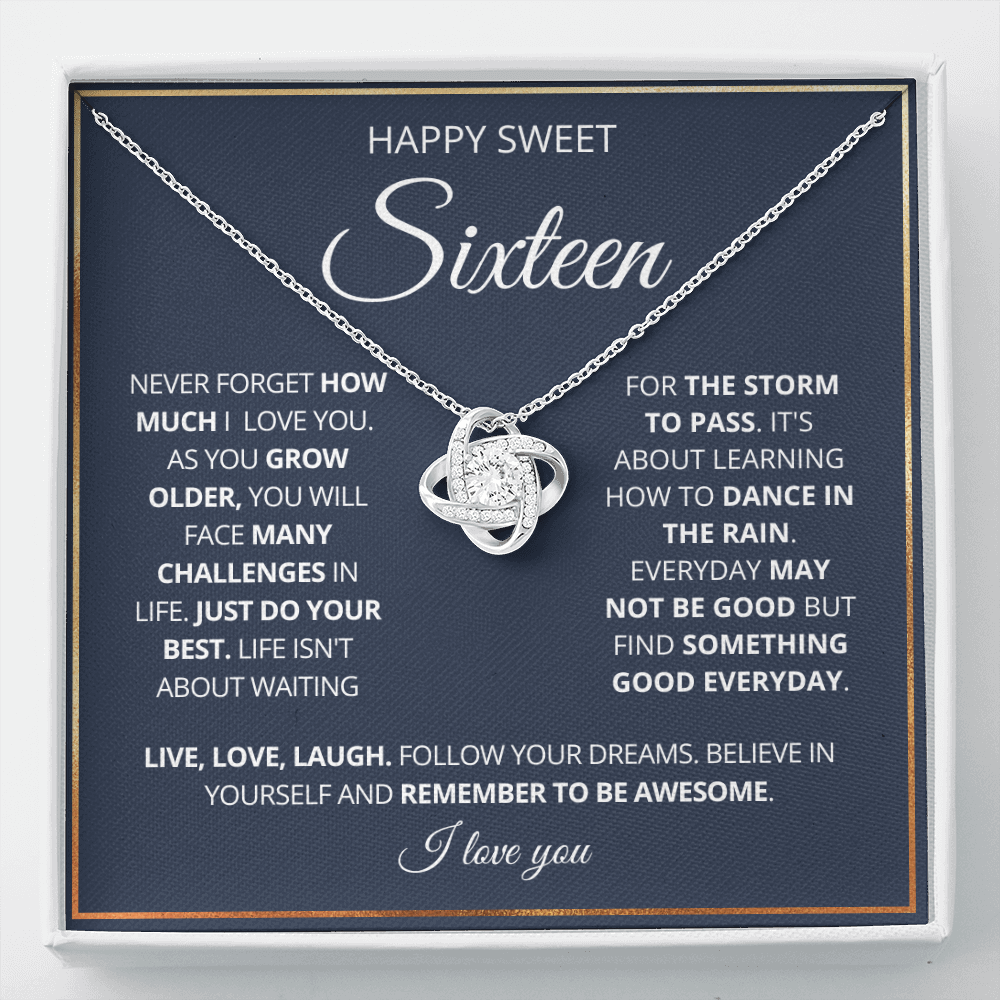 Happy Sweet 16 - Love Knot Necklace - Remember to Be Awesome Message Card Gift